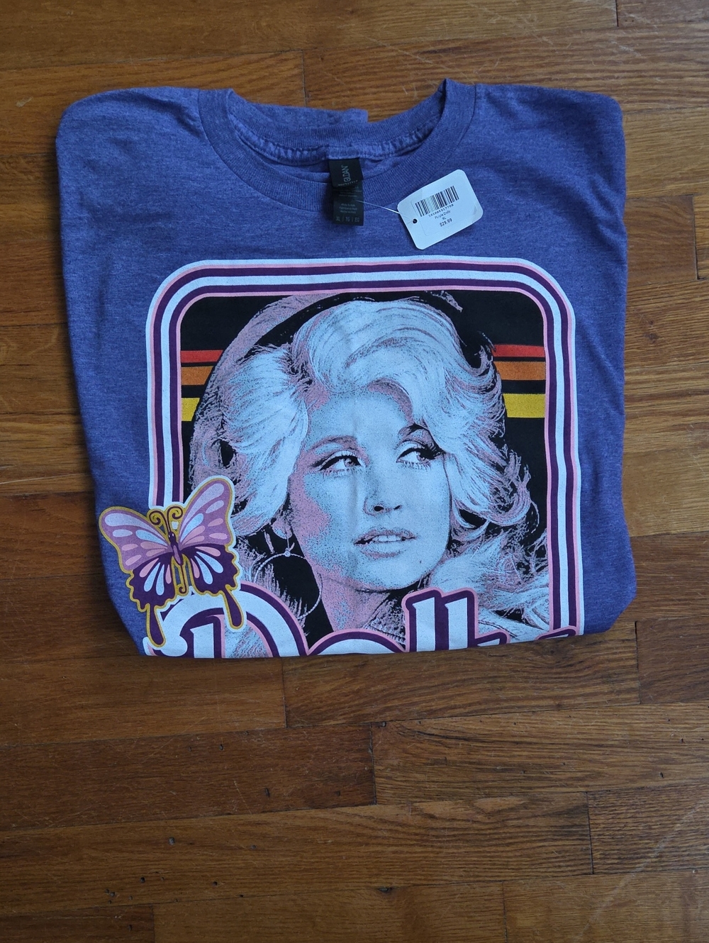Gildan Purple Graphic Tee with Retro Portrait and Stripes